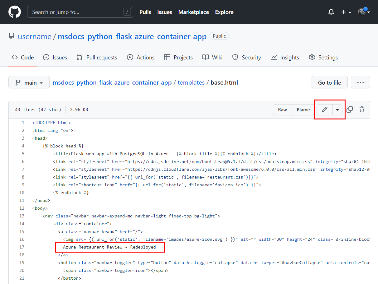 Captura de tela mostrando como fazer uma alteração em um arquivo de modelo na bifurcação do repositório de exemplo.