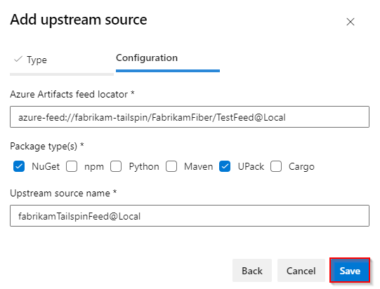Uma captura de tela mostrando como adicionar um feed em uma organização diferente como uma fonte upstream.