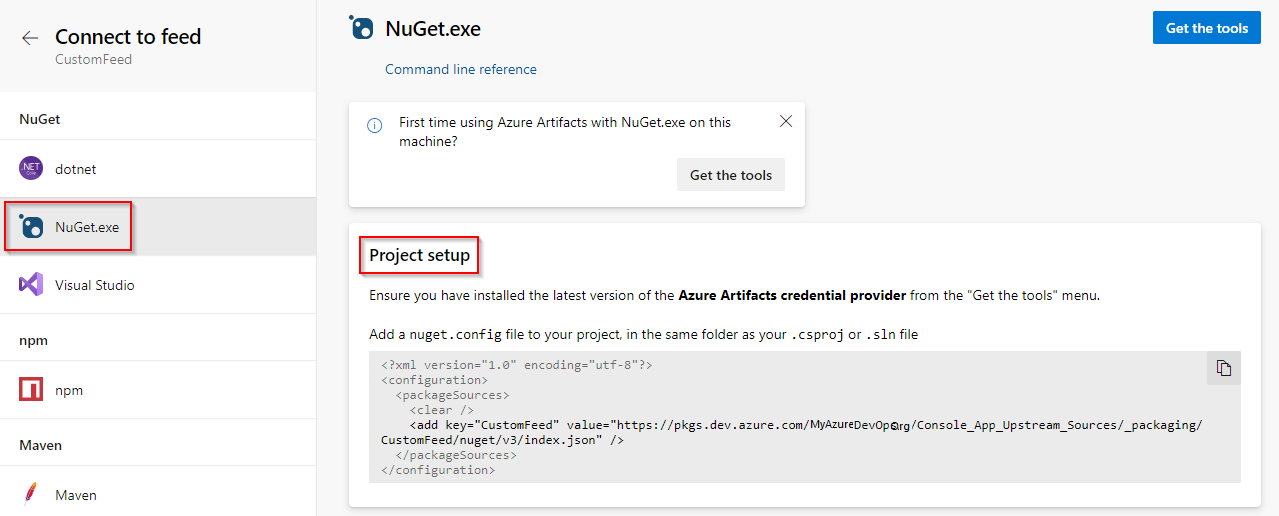 Captura de tela mostrando como se conectar a feeds do NuGet.