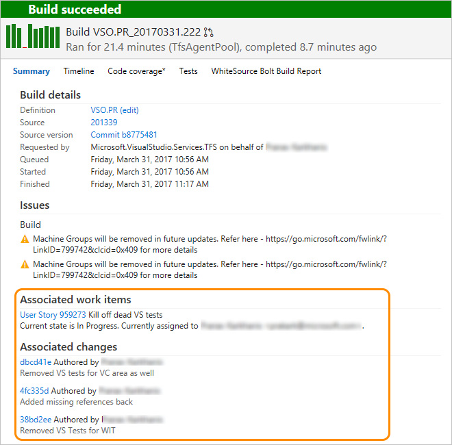 Itens de trabalho ligados listados em Itens de trabalho associados na página de resumo da build.