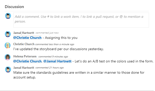 Captura de ecrã da secção Discussão num formulário de item de trabalho.