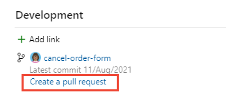 A captura de tela mostra o controle de desenvolvimento, link para criar pedido de pull.