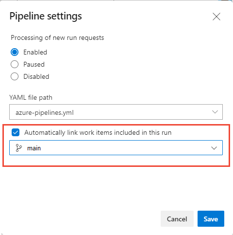 Captura de tela de Configurações de pipeline, vincular automaticamente itens de trabalho nesta execução a partir da ramificação selecionada.