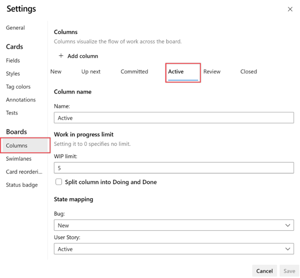 Captura de tela que mostra a caixa de diálogo Configurações e a seleção de uma coluna Ativa.