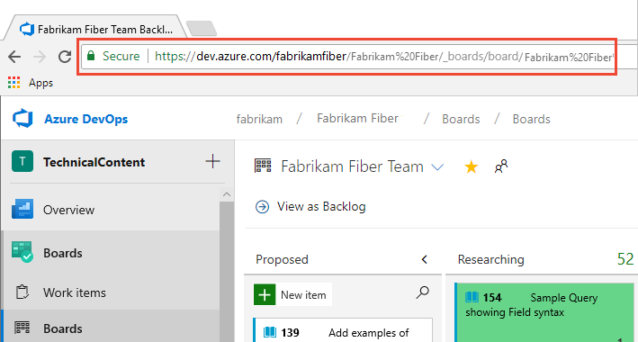Captura de tela mostrando o quadrado vermelho ao redor do URL do quadro Kanban.