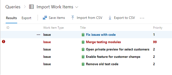 Screenshot showing fix work items with data issues.