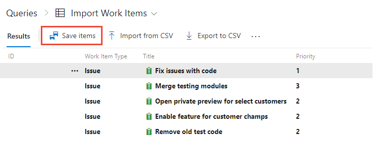 Screenshot showing Save button for imported work items.