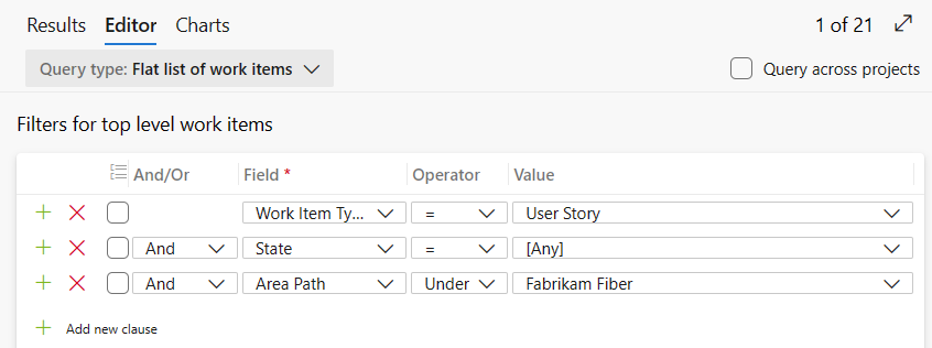 Captura de tela mostrando Editor de consultas, lista plana, histórias abertas.