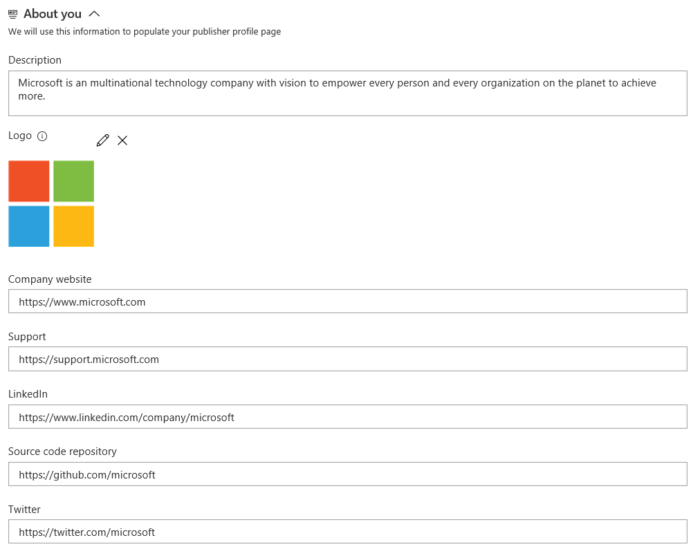 Captura de ecrã da secção sobre si para editores da Microsoft.