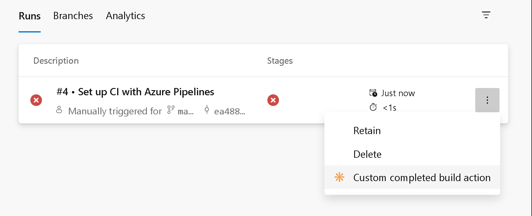 Captura de ecrã do menu de ações de construção concluídas.