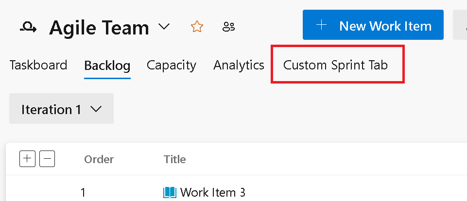 Captura de ecrã de um separador personalizado no backlog de iterações.