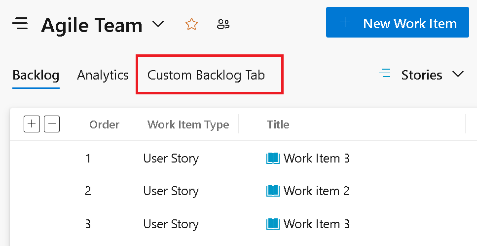 Captura de ecrã do separador personalizado Backlog do produto.