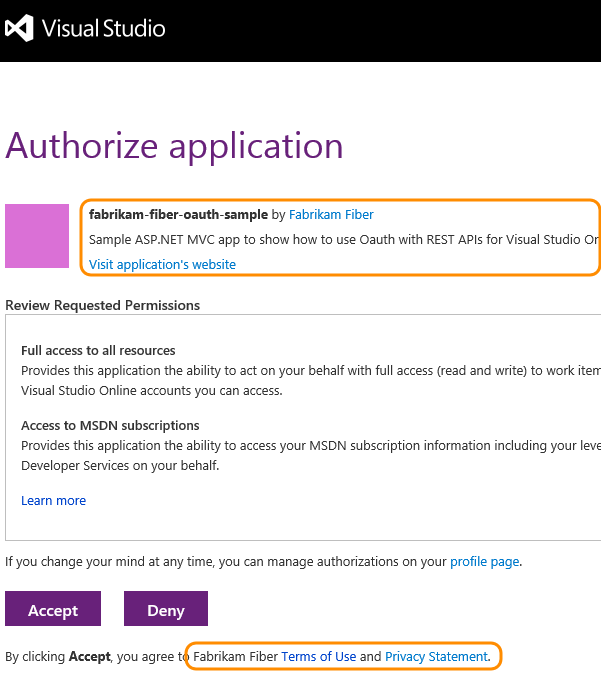 Captura de tela mostrando a página de autorização do Visual Studio Codespaces com as informações da sua empresa e aplicativo.