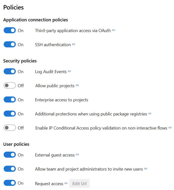 Captura de ecrã das Políticas de Segurança do Azure DevOps.