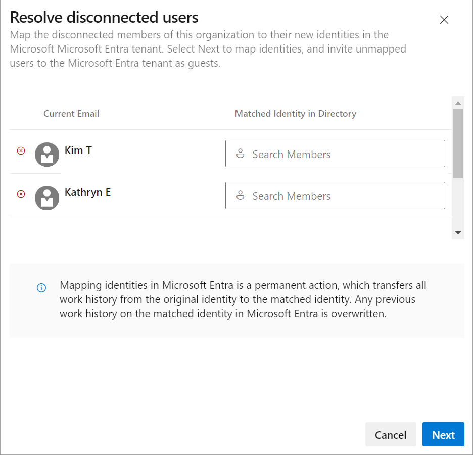 Screenshot showing Resolve disconnected users dialog.