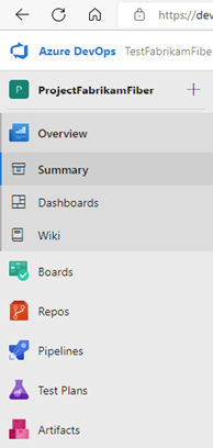 Captura de ecrã dos serviços no menu de navegação esquerdo.