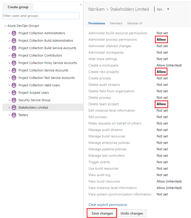 Captura de ecrã de Permissões ao nível da coleção para um grupo selecionado, página atual.
