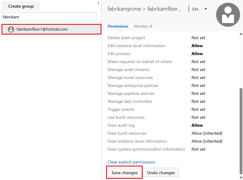 Captura de tela do usuário selecionado, altere o nível de permissão Editar informações no nível do projeto.