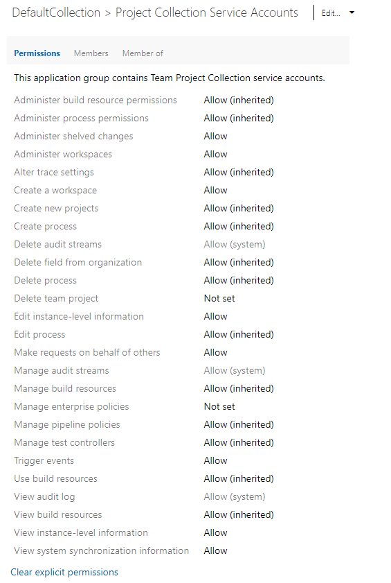 Captura de ecrã da caixa de diálogo Permissões ao nível da coleção, página atual dos Serviços de DevOps do Azure e no local.