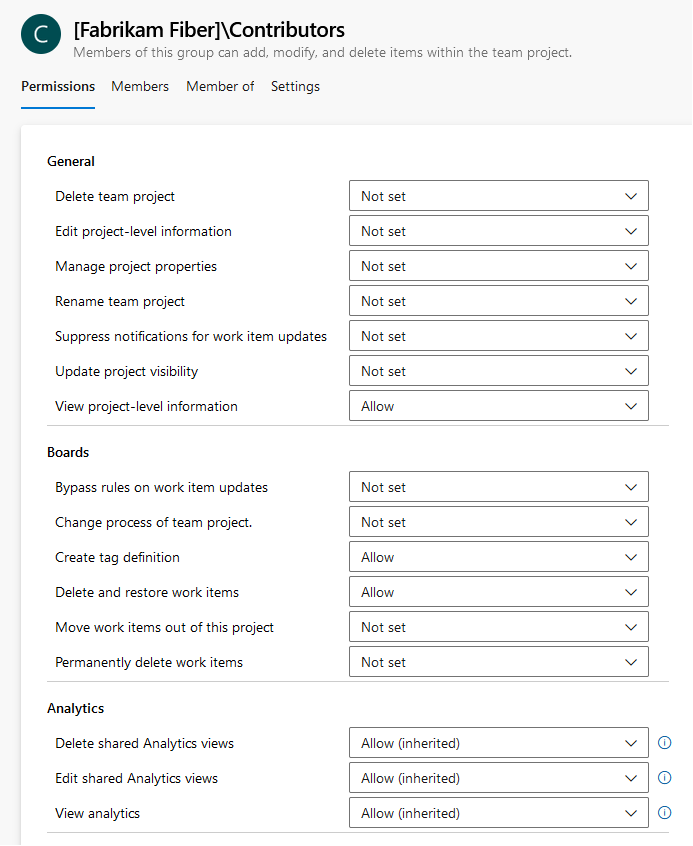 Captura de ecrã da caixa de diálogo de permissões ao nível do projeto, página de pré-visualização dos Serviços de DevOps do Azure.