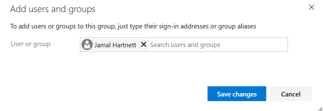 Captura de tela mostrando a caixa de diálogo Adicionar usuários e grupo, página atual.