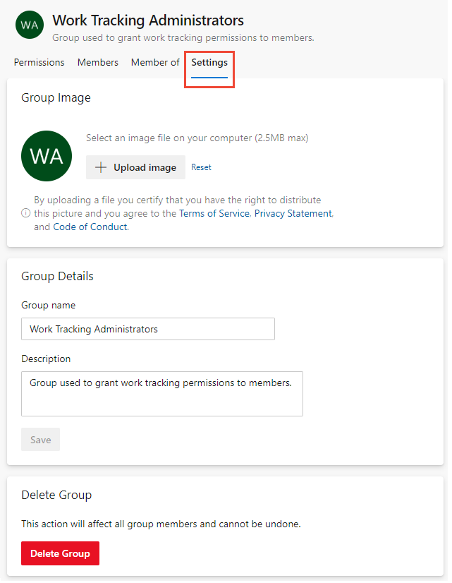 Captura de ecrã de Abrir definições de grupo, página de pré-visualização.