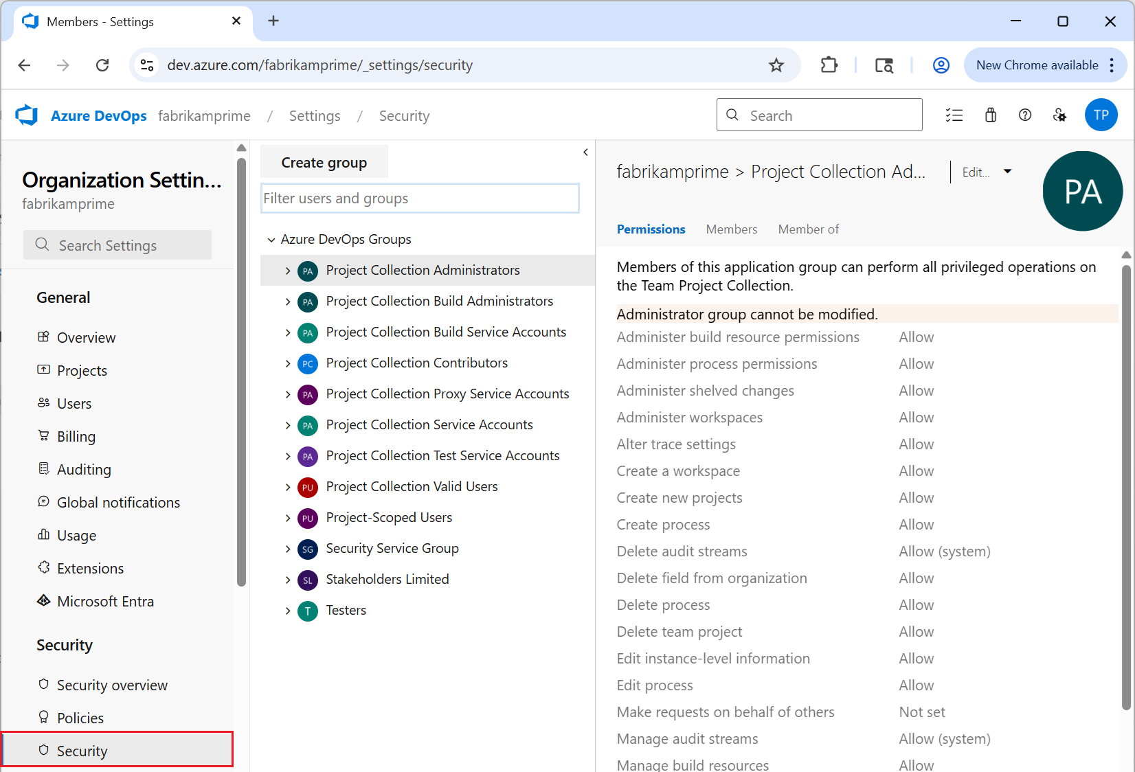 Captura de ecrã a mostrar as definições da organização de segurança.