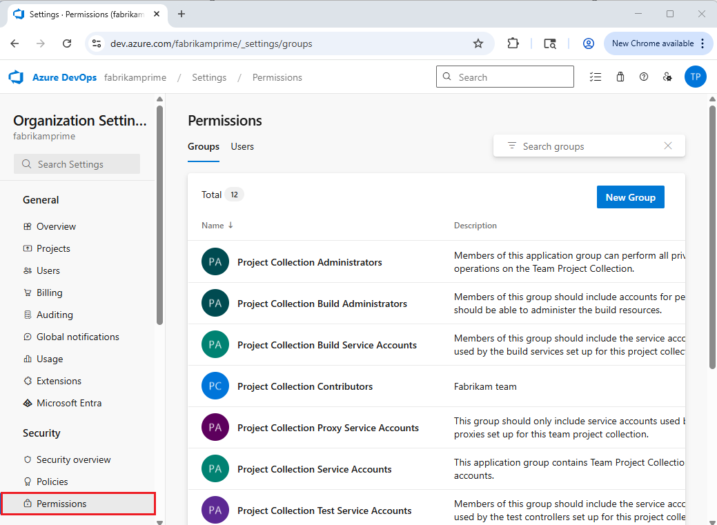 Captura de tela mostrando as configurações da Organização e as seleções de Permissões.
