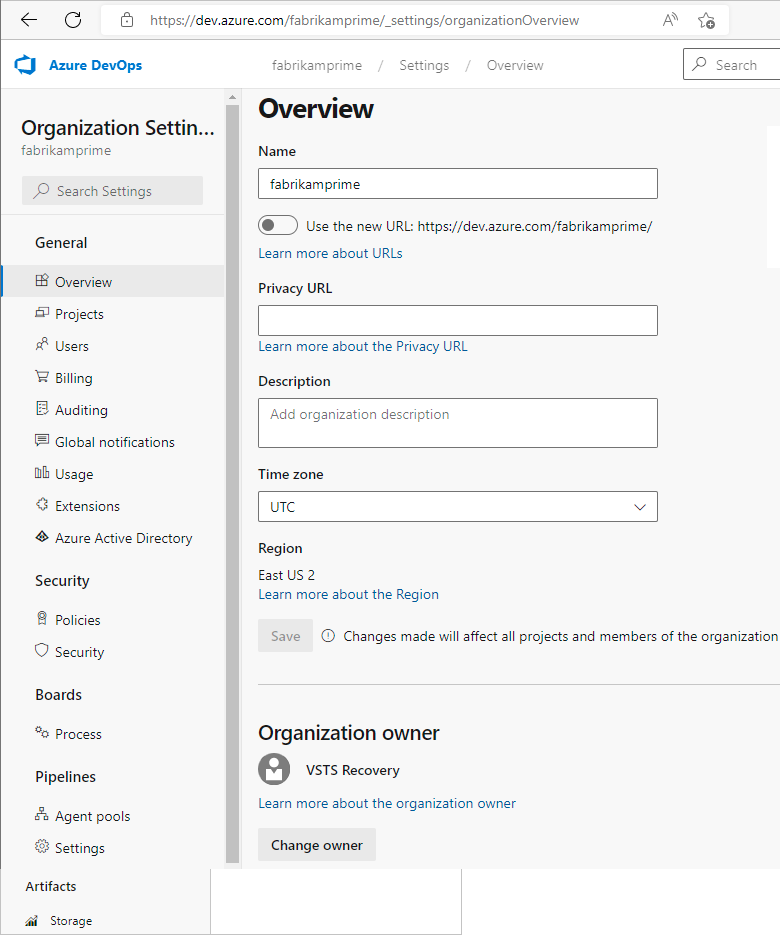 Captura de ecrã das opções de definições da organização, nuvem.