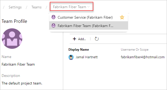 Configuração da equipe, Trilha da equipe, TFS 2019