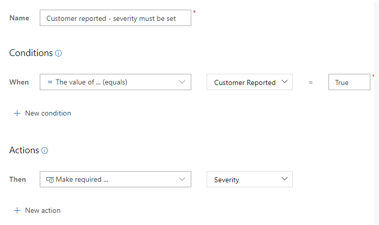 Captura de tela da regra personalizada para tornar a Severidade necessária quando o campo Customer REported = true.