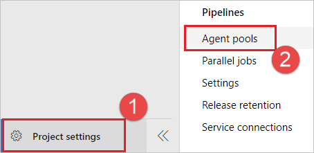 Navegue até seu projeto e escolha Configurações do projeto, Pools de agentes.