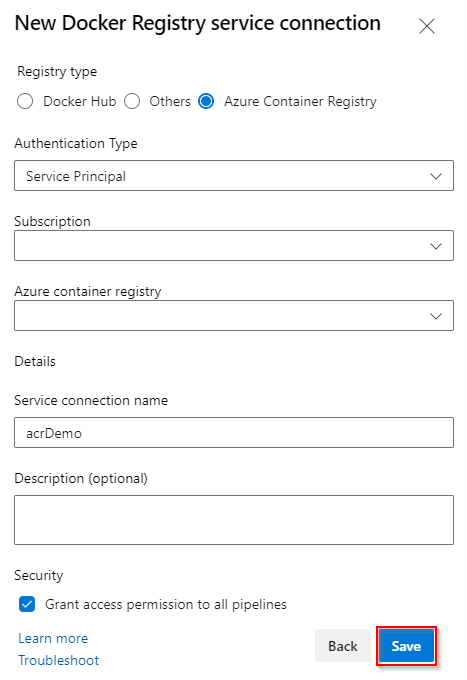 Uma captura de tela mostrando como configurar uma conexão de serviço de registro docker.