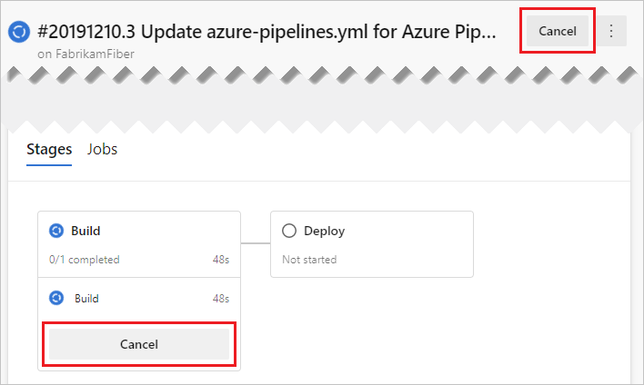 Captura de ecrã do cancelamento de uma execução de pipeline.