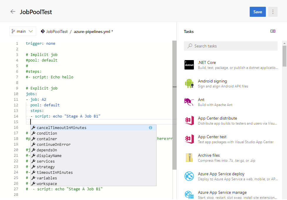Editor de pipeline YAML no Azure DevOps Server 2019.1.