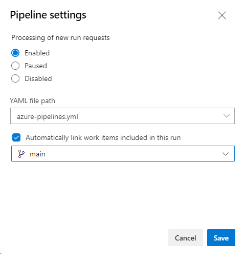 Caixa de diálogo Configurações do pipeline YAML.