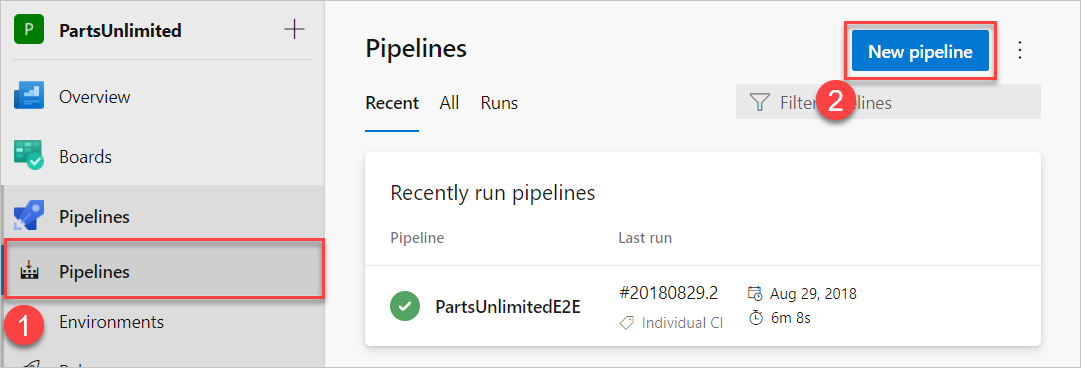 Dois botões a selecionar para a criação do novo pipeline.