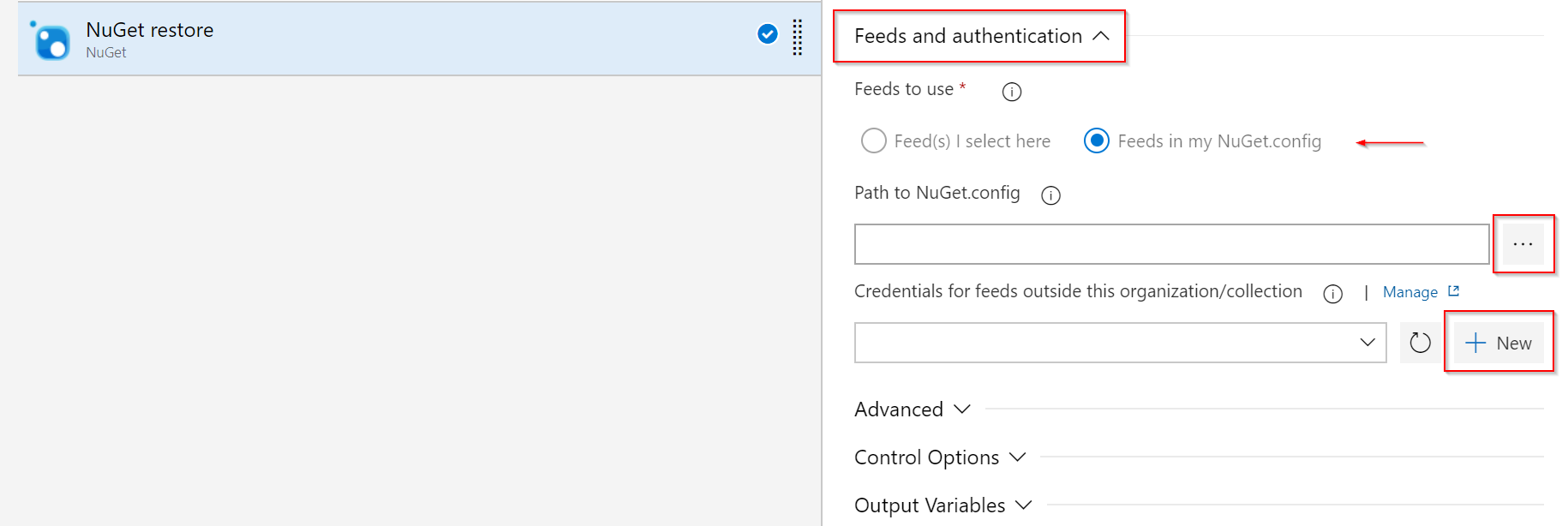 Captura de tela mostrando como configurar a tarefa de restauração do NuGet.