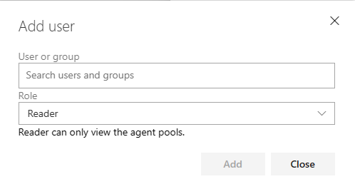 Captura de tela de adicionar usuário no nível da organização para todos os pools de agentes.