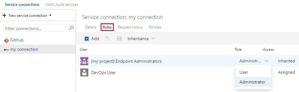 Captura de tela da seleção de segurança de conexão de serviço individual.