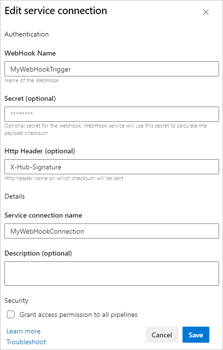 Captura de tela que mostra a conexão de serviço webhook de entrada.