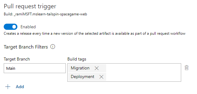 Captura de tela mostrando um exemplo de como configurar um gatilho de solicitação pull com tags de compilação