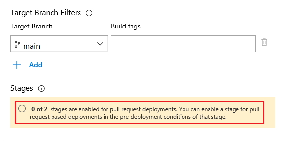 Captura de ecrã a mostrar a lista de fases que estão ativadas para implementações de pedidos Pull.