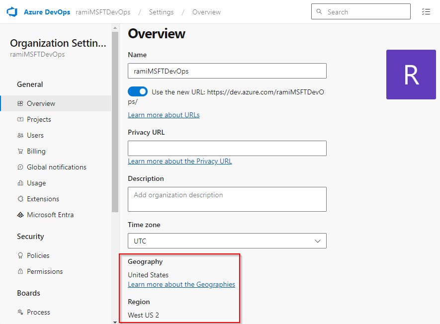 Uma captura de tela mostrando como localizar a localização geográfica da sua organização do Azure DevOps.