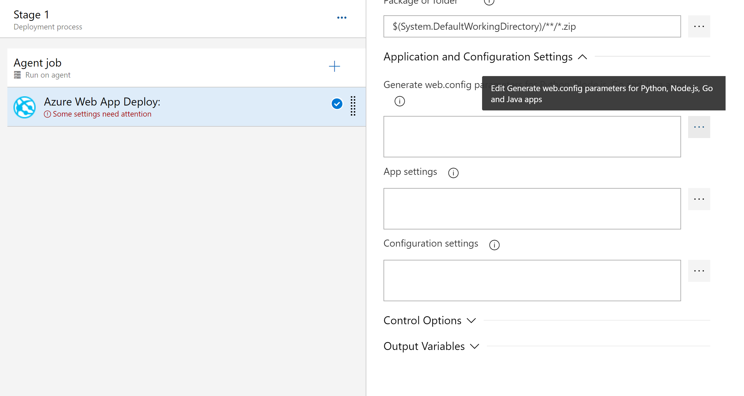 Captura de ecrã a mostrar a caixa de diálogo Gerar parâmetros web.config.