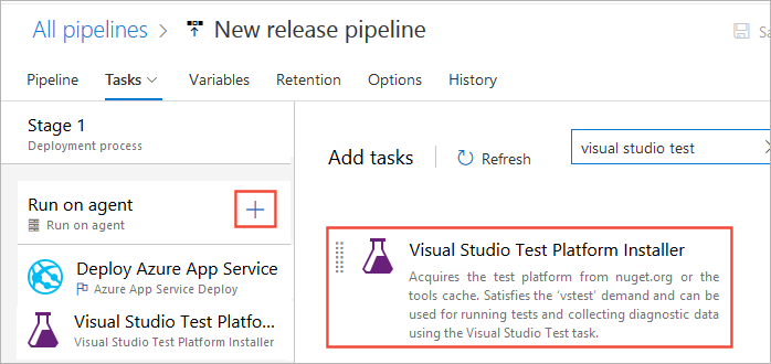 Adicionando uma tarefa do Visual Studio Test Platform Installer