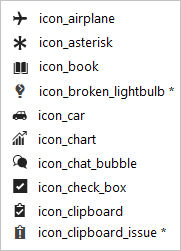 icon_airplane, icon_asterisk, icon_book, icon_car, icon_chart, icon_chat_bubble, icon_check_box, icon_clipboard, icon_code_response icon_code_review