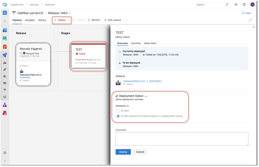 Implementar em destinos falhados num Grupo de Implementação.