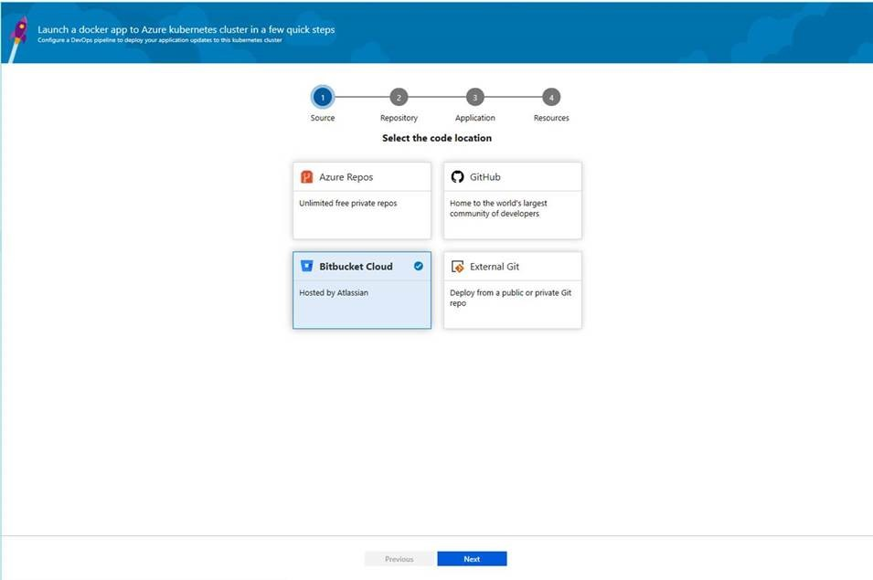 Suporte para repositórios Bitbucket no Centro de Implementação para AKS e Web App para contêineres.