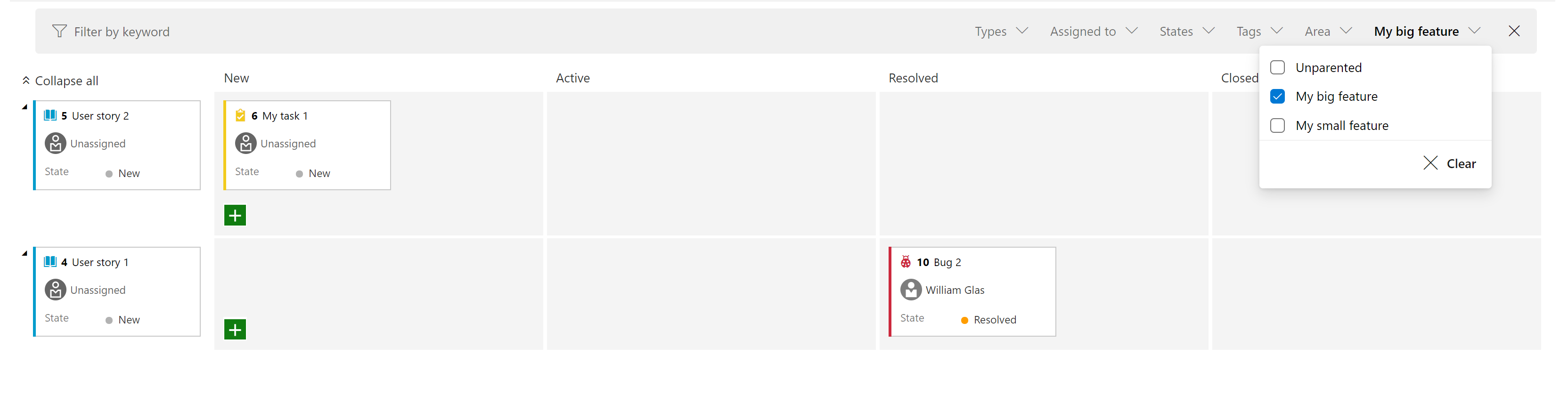 Adicionar filtro Item de Trabalho Pai.